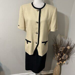 Vtg Kasper For ASL 2pc Skirt Suit Tan Black Short Sleeve Pleated Front Lined 14